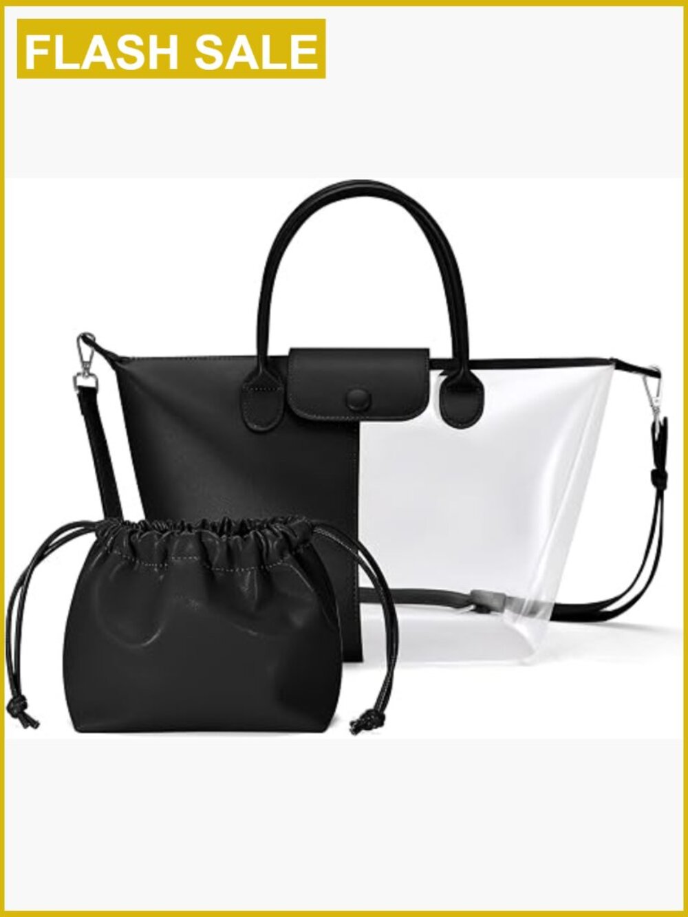 2-in-1 Clear and Leather Tote Bag Waterproof Handbag with Pouch